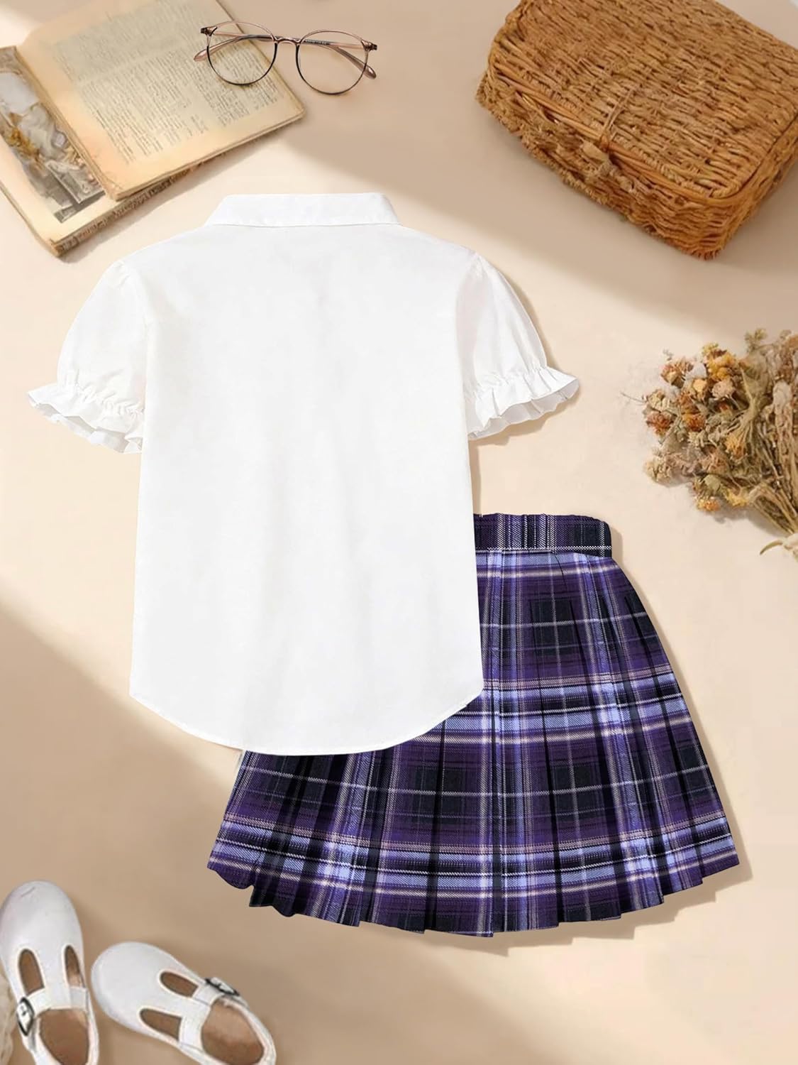 Betusline Girls Skirt Set JK School Uniform 2-Piece Outfit - Short Sleeve Shirt with Bow & Pleated Skirt 4T-14Y - Image 7