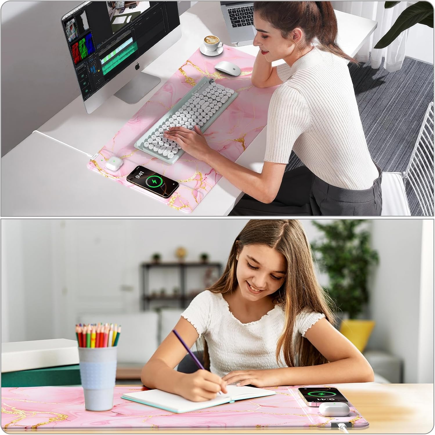 Pink Marble Mouse Pad with 15W Wireless Charging, 31.5"x15.8" Large Gaming Desk Pad/Mat for Women Girls, Waterproof Ultra-Smooth Surface, Non-Slip Base, with 20W PD Adapter - Image 4