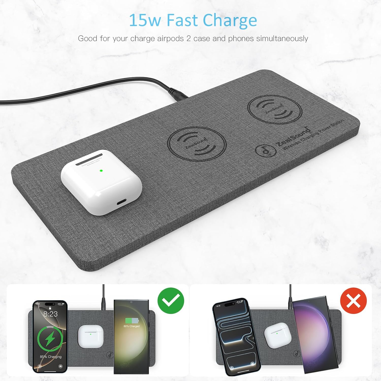 ZealSound Wireless Charging Pad, 3 in 1 Charger Mat for iPhone, Samsung Galaxy, Pixel, AirPods & Galaxy Buds, 24W Adapter Included, Ultra Slim, Case Friendly, PU Leather, Home Office & Travel, Gray - Image 3