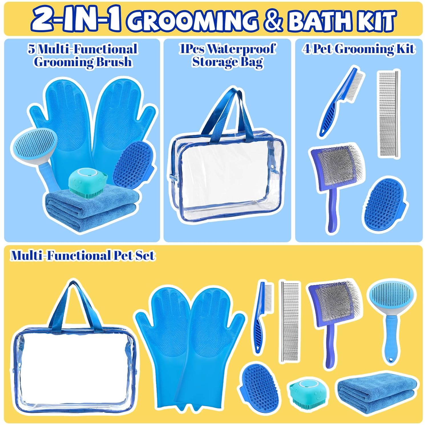 8PCS Dog Slicker Brush for Dogs Grooming Kit,Bath Grooming Kit for Pets,Hair Brush Set with Towel,Washing Gloves,Slicker Comb,and Shampoo Scrubber Brush for Small and Large Dogs and Cats(Blue) - Image 2