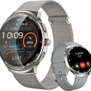 Smart Watches for Men Women, 1.43” AMOLED Touchscreen Smartwatch for Android & iPhone, 150+ Sports Modes, Waterproof Fitness Tracker, Heart Rate/SpO2/Stress/Sleep Monitor, 2 Bands, Silver