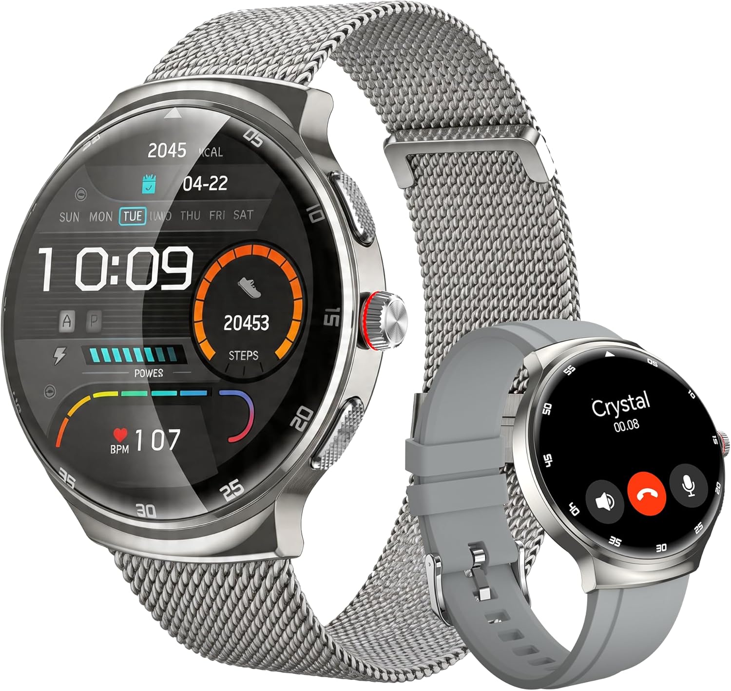 Smart Watches for Men Women, 1.43'' AMOLED Touchscreen Smartwatch for Android & iPhone, 150+ Sports Modes, Waterproof Fitness Tracker, Heart Rate/SpO2/Stress/Sleep Monitor, 2 Bands, Silver
