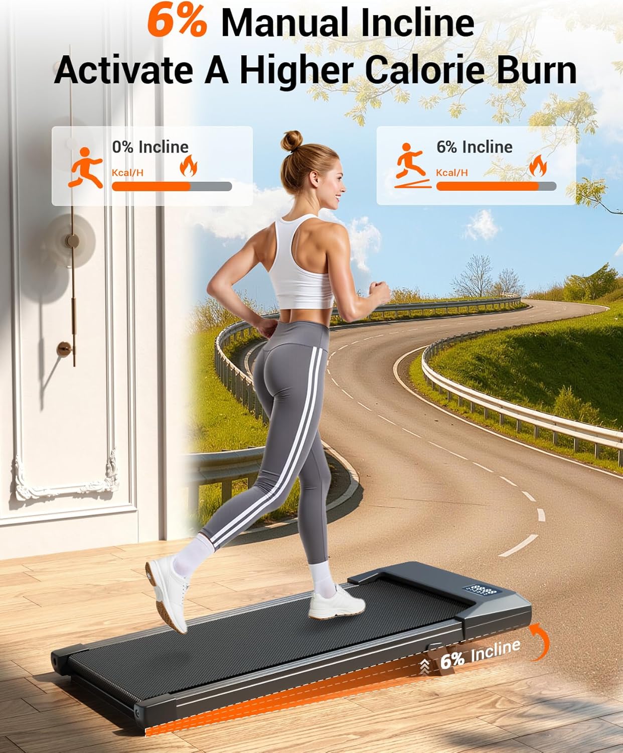 Walking Pad with 6% Incline, 300LBS Capacity Under Desk Treadmill for Home Office, Quiet Portable Mini Treadmill with App & Remote Control, No Assembly, Slim Design for Small Spaces - Image 2