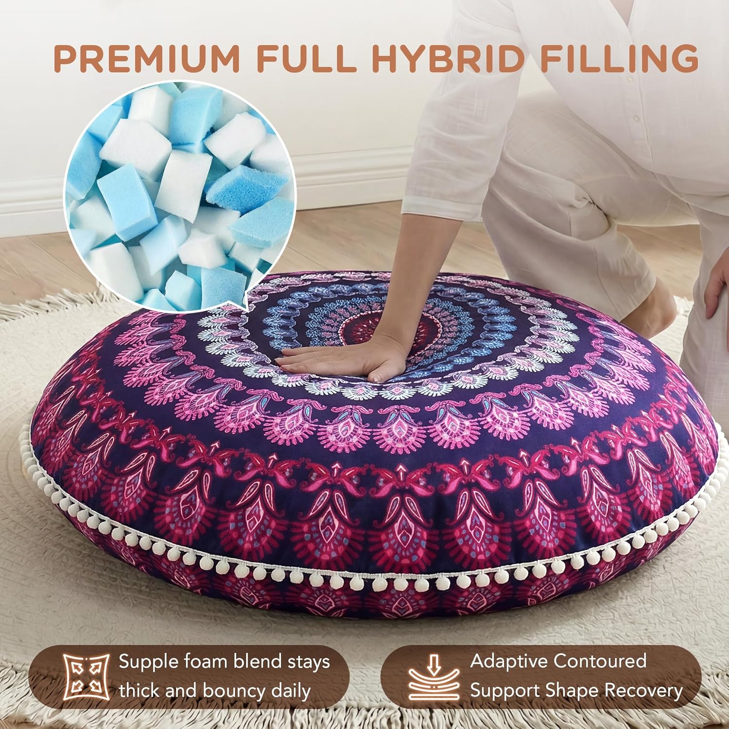 Codi Meditation Floor Pillow Set of 2, Round Large Pillows Seating for Adults, Bohemian Mandala Circle Cushion for Outdoor Fireplace Yoga Living Room, 32 Inch, Memory Foam Added, Purple Orchid NEW - Image 7