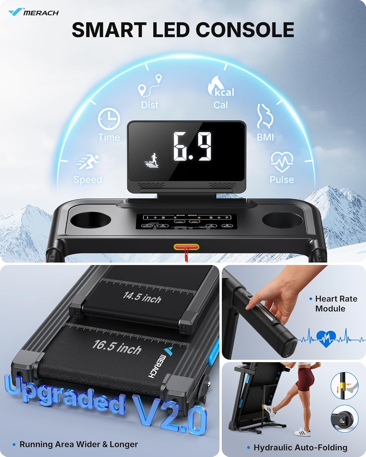 MERACH Incline Treadmill with Incline 6%-15%, 7-Layer Belt 300LBS Capacity Tredmill Foldable Handle Running Treadmills for Home, 0.5-7.5MPH 3.0HP Incline Folding Treadmill LED with APP Threadmill - Image 2