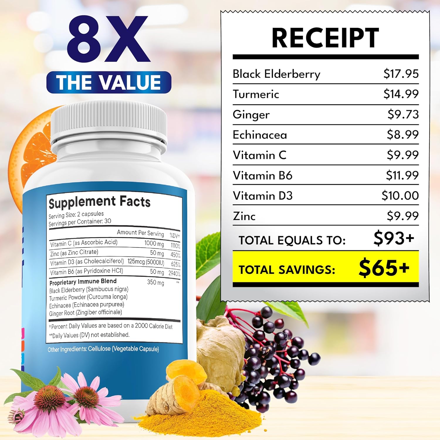NEW AGE 8 in 1 Immune Support Booster Supplement with Echinacea, Vitamin C and Zinc 50mg, Vitamin D 5000 IU, Turmeric Curcumin & Ginger, B6, Elderberry 60 Count (Pack of 1) - Image 5