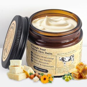 Beef Tallow Honey Balm for Sensitive Skin:100% Organic Grass-Fed Vintage Tallow Moisturizer For Face Cracked Hands Non-Greasy Nourishing Cream With Olive Oil – Eczema Safe All Skin Types 2 oz