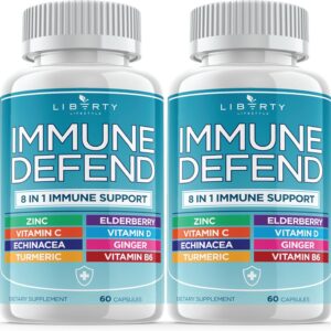 8 in 1 Immune Defense Support, Immunity Vitamins Supplement Booster Zinc 50mg, Vitamin C Elderberry VIT D3 5000 IU, Turmeric Curcumin & Ginger, Echinacea – Allergy Relief for Kids Adults (2 Pack)