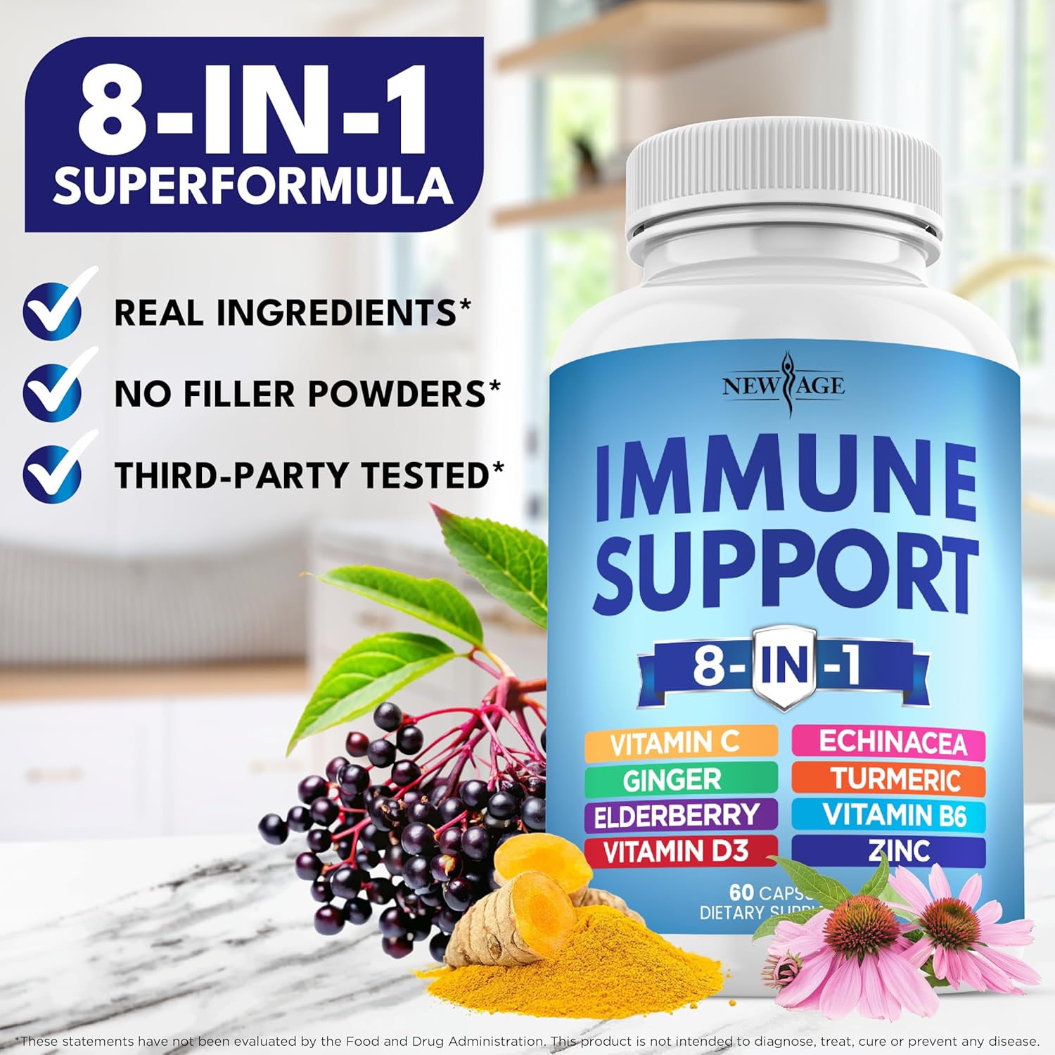 NEW AGE 8 in 1 Immune Support Booster Supplement with Echinacea, Vitamin C and Zinc 50mg, Vitamin D 5000 IU, Turmeric Curcumin & Ginger, B6, Elderberry 60 Count (Pack of 1) - Image 7