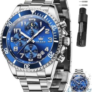 OLEVS Watches for Men Stainless Steel Dress Men Watch with Date Big Face Chronograph Waterproof Luxury Fashion Watch Blue/Black/Gold/Green/Silver Face Relojes para Hombres