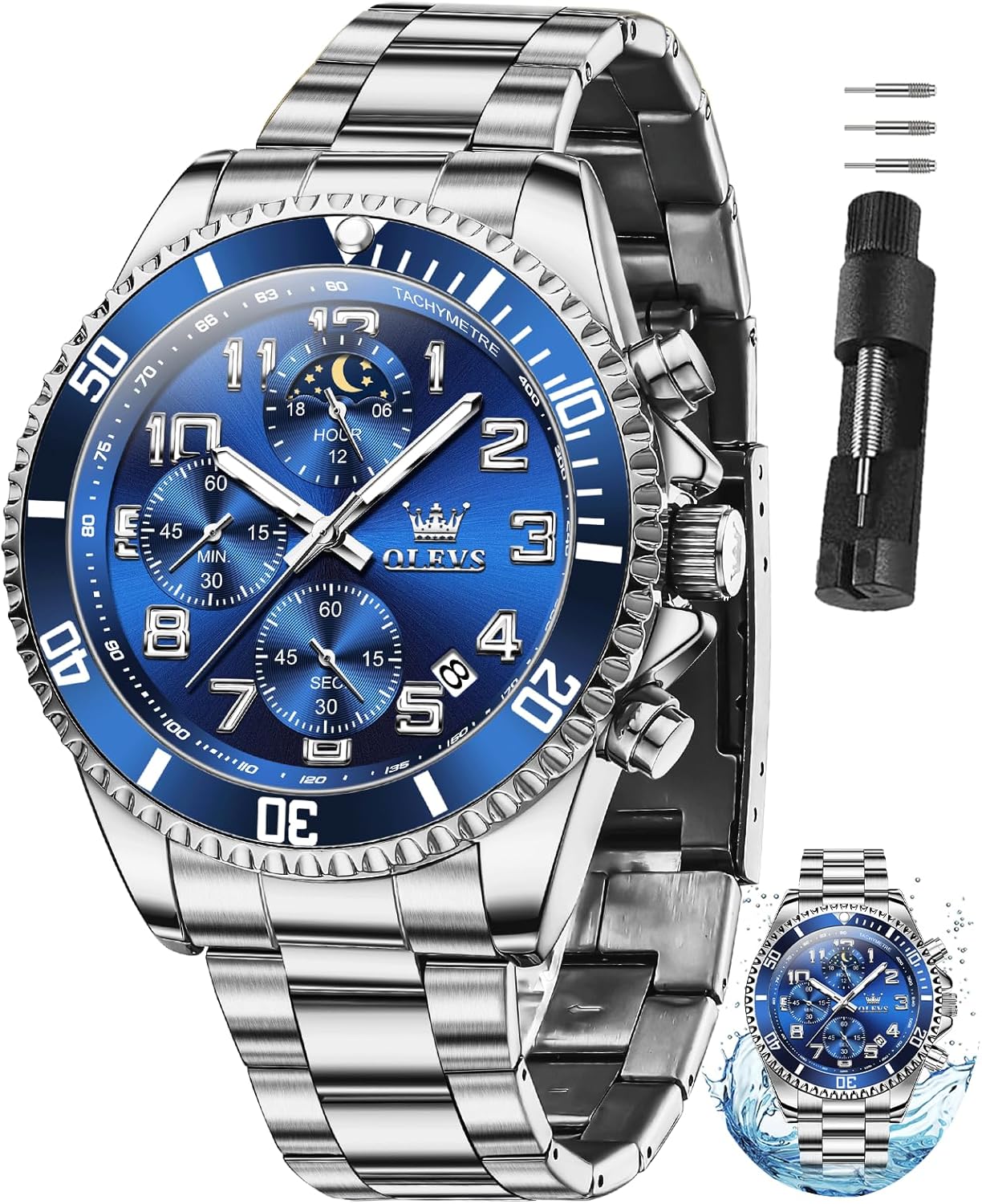 OLEVS Watches for Men Stainless Steel Dress Men Watch with Date Big Face Chronograph Waterproof Luxury Fashion Watch Blue/Black/Gold/Green/Silver Face Relojes para Hombres