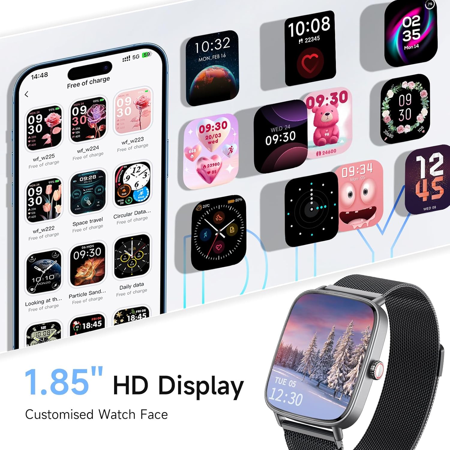 Smart Watch for Women, 1.85" HD Smartwatch Compatible iPhone/Samsung/Android (Answer/Make Calls), 100+ Sport Modes Fitness Tracker with Heart Rate/Sleep/SpO2 Monitor, IP68 Waterproof, Metal Band - Image 7