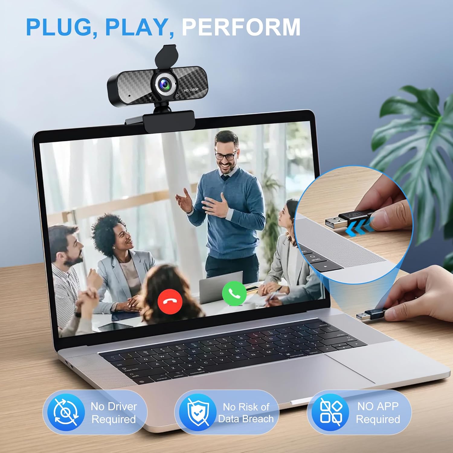 Webcam Full HD 1080P with Built-in Microphone and Rotatable Tripod, Carbon Fiber Board and Privacy Cover, Auto Light Correction, Adjustable FOV, Plug&Play for Zoom/Skype/Facetime/YouTube, Laptop/PC - Image 5