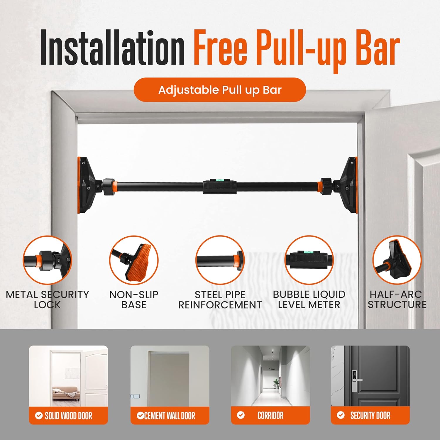 SQUATZ Adjustable Pull-Up Bar - Strength Training Exercise Equipment with Automatic Locking, Adjustable Width 29 to 45 inches, Upper Body Workout Bar for Men and Women Home Gym Exercise - Image 3