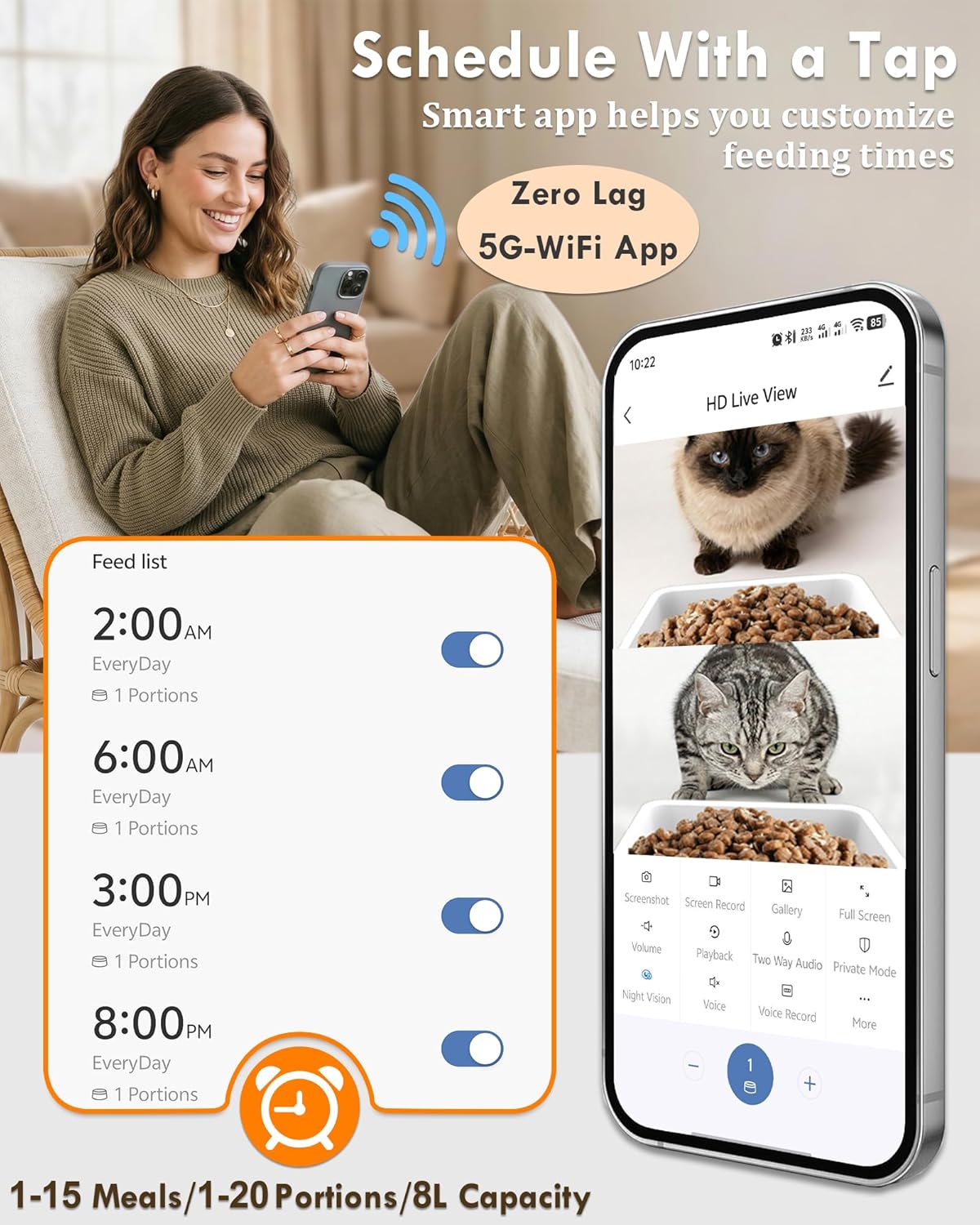 Yakry Automatic Cat Feeder for 2 Cats - Two HD Cameras Easy Setup 5GHz Stable WiFi Dog Food Dispenser with HD Night Vision - 8L Pet Feeder with Dual Bowls for Multi-Cat & Small Dogs Indoor - Image 6