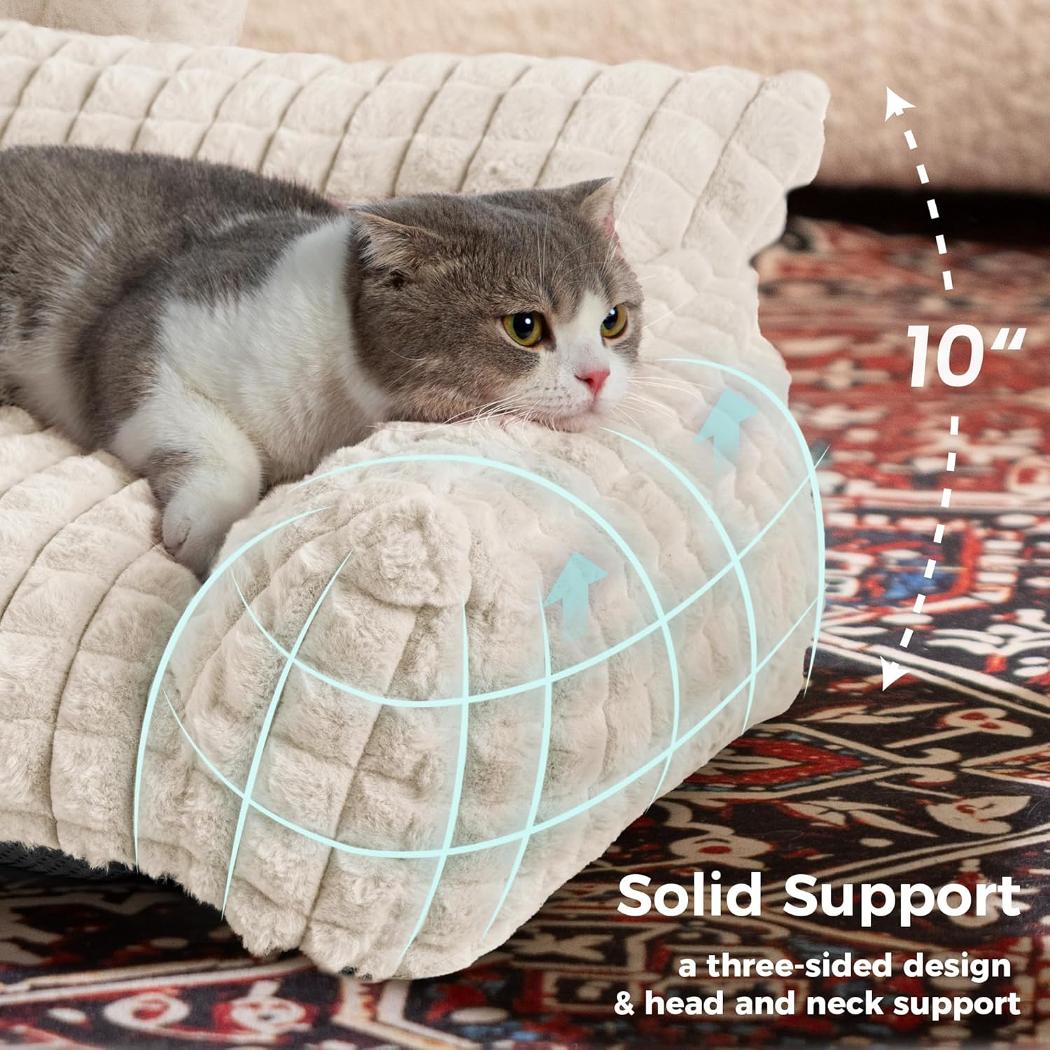Cat Beds for Indoor Cats - Cute Cat Couch Bed Fluffy Pet Sofa with Faux Rabbit Fur Washable Cover, Fuzzy Pet Couch in 3D Diamond Pattern, Suppportive Large & Small Cats Sofa, 24inch Off White - Image 3