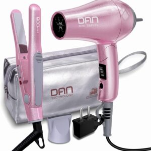 DAN Technology Flat Iron Blow Dryer Set, Small Flat Irons with Travel case, Concentrator Nozzle & EU Plug Adapter, Dual Voltage & Folding Handle, Pro Hair Dryer Set…