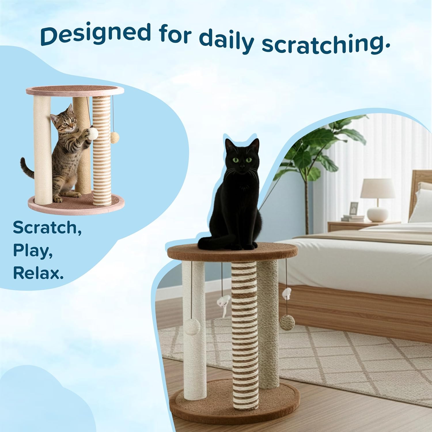Cat Scratching Post - 3 Scratcher Posts with Carpeted Base Play Area and Perch - Furniture Scratching Deterrent for Indoor Cats by PETMAKER (Brown), Large - Image 8