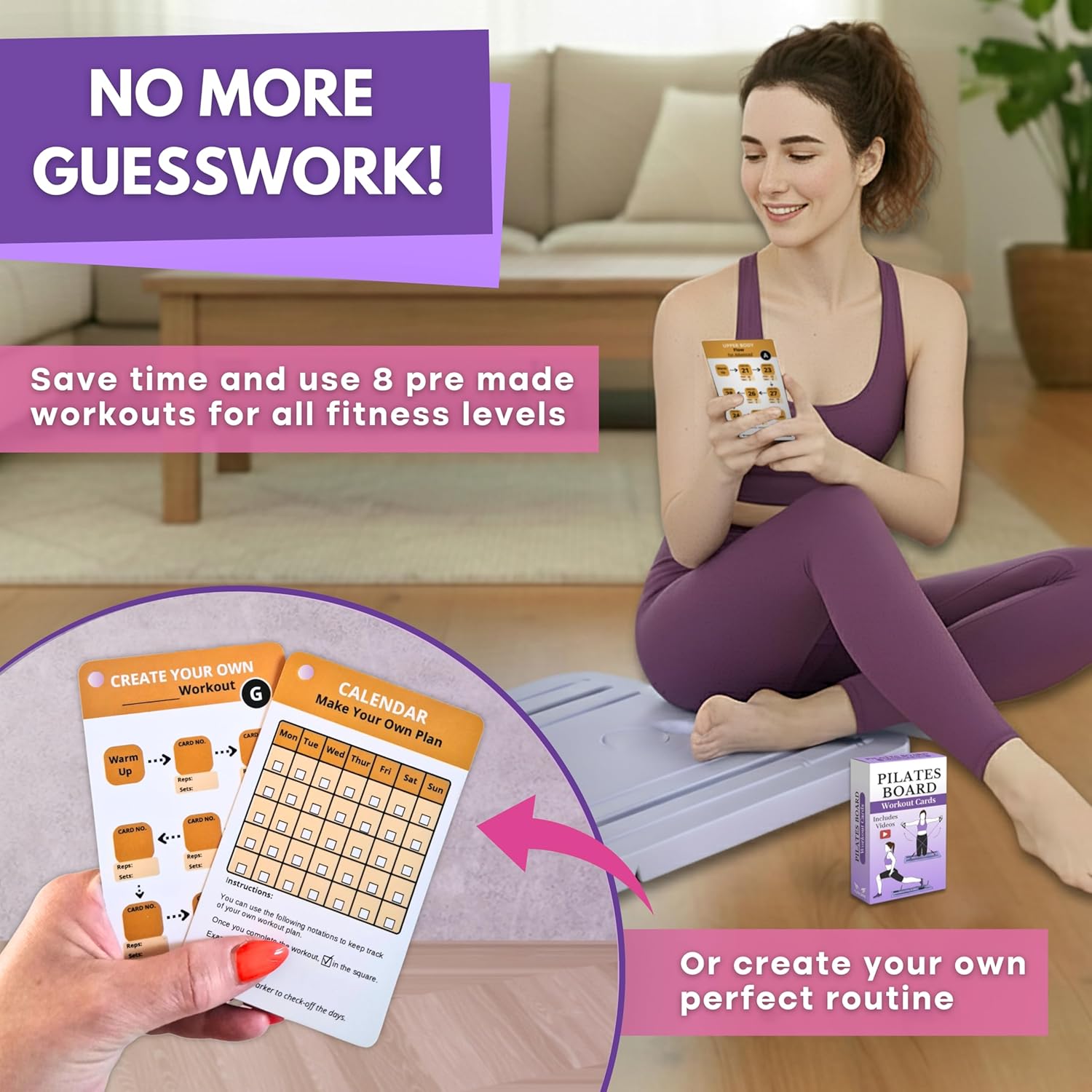 Pilates Board Workout Cards – 67 Exercise Cards with Videos & Workout Plan - Includes 5-Week Challenge, Ebook, Progress Chart & 2 Rings for Easy Organization - Home Portable Reformer Guide for Women - Image 5