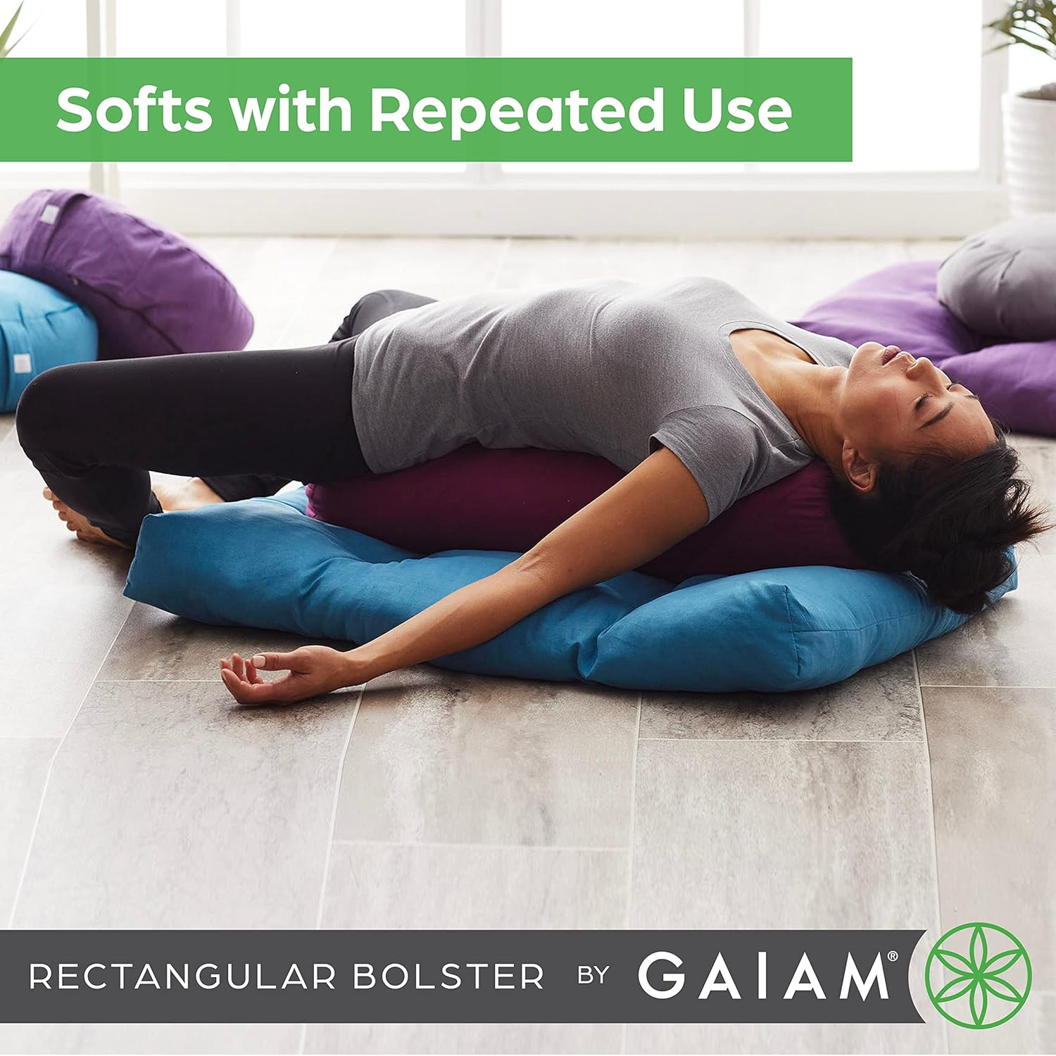 Gaiam Yoga Bolster Pillow, Soft Meditation Cushion for Yoga, Massage and Back Support, Breathable Cotton Fill, Zippered Microfiber Cover, Easy-Carry Handle, Machine Washable - Image 8