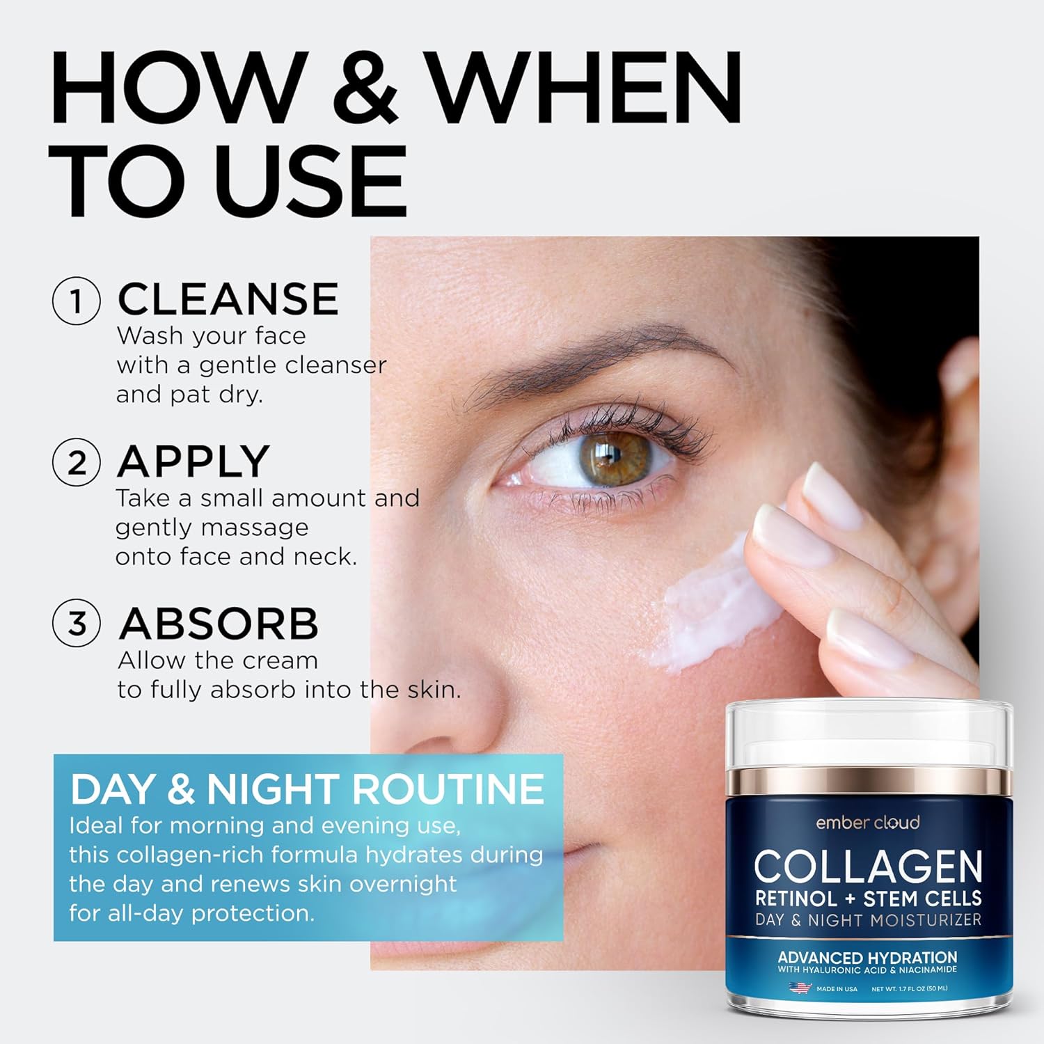 Moisturizer Collagen Anti-Aging Face Cream with Stem Cells, Retinol, Hyaluronic Acid & Niacinamide - Hydrating Day & Night Wrinkle Cream for All Skin Types - Airless Pump - Made in USA - 1.7Oz - Image 6
