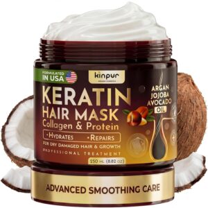 KINPUR ORGANIC COSMETICS Keratin Hair Mask for Dry & Damaged Hair – Deep Conditioning Hair Treatment with Coconut, Jojoba & Avocado Oils, Collagen & Protein – Hydrating Hair Mask, Color-Safe