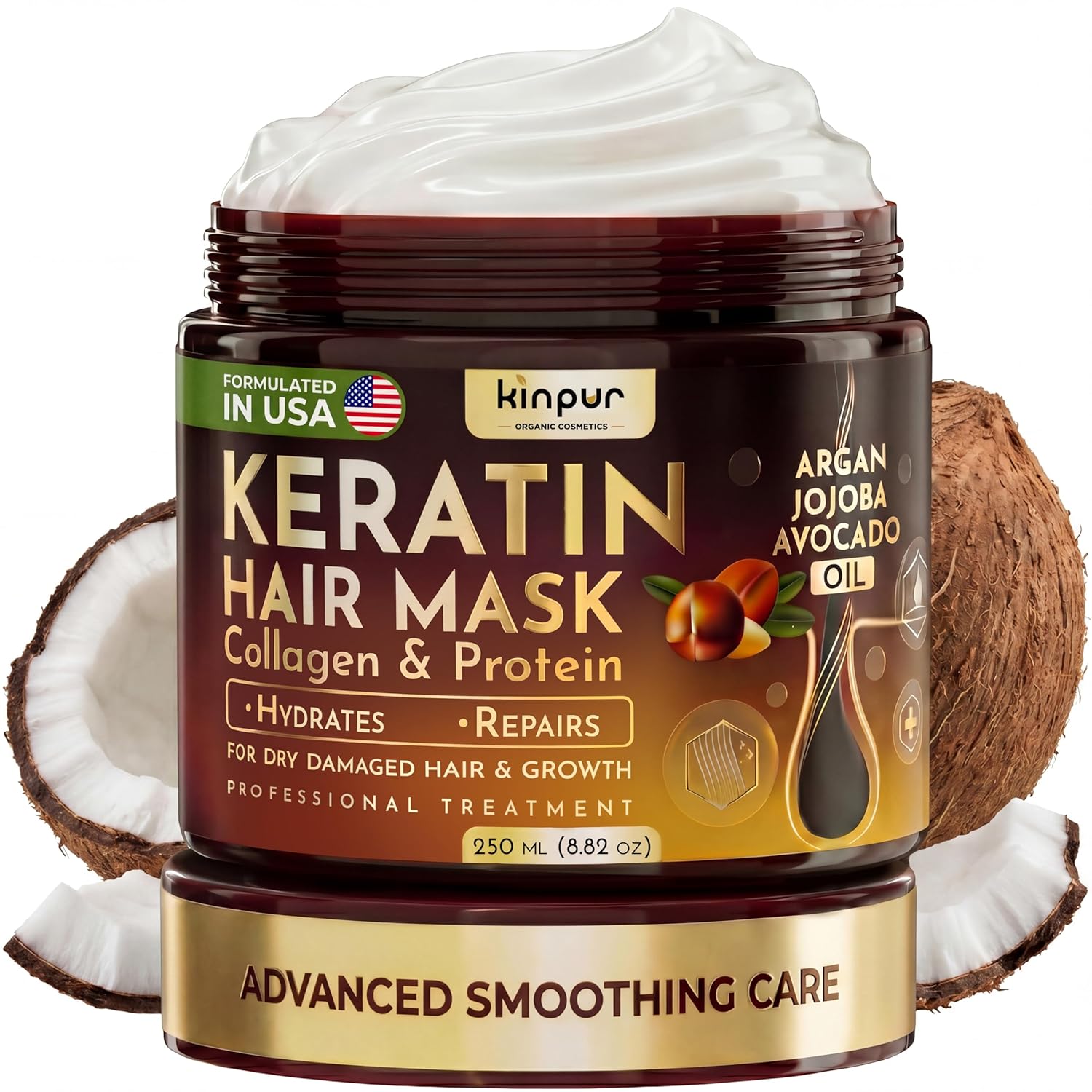 KINPUR ORGANIC COSMETICS Keratin Hair Mask for Dry & Damaged Hair – Deep Conditioning Hair Treatment with Coconut, Jojoba & Avocado Oils, Collagen & Protein – Hydrating Hair Mask, Color-Safe