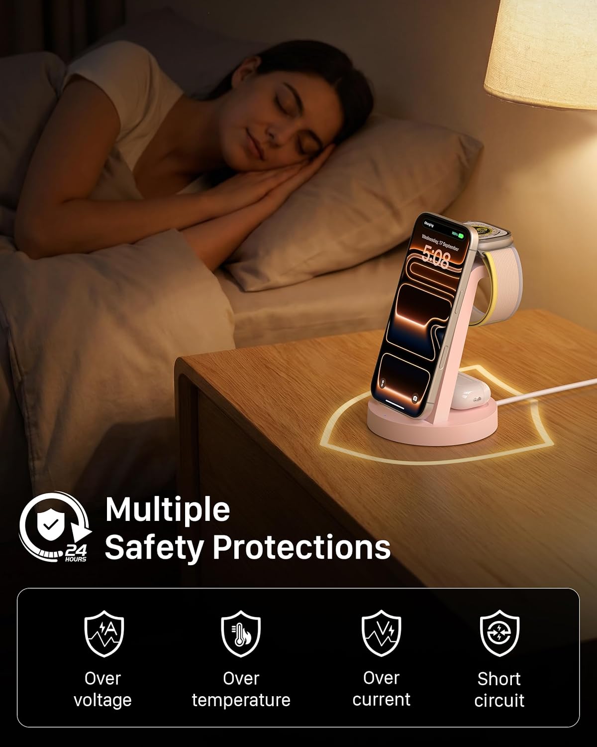 Anlmz 3 in 1 Charging Station for iPhone, Wireless Charger for iPhone 17 16e 16 15 14 13 12 11 X Pro Max & Apple Watch - Charging Stand Dock for AirPods (Pink) - Image 7