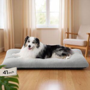 Bedsure Washable XL Dog Bed for Crate for Extra Large Dogs, Comfort Fluffy Plush Pet Pillow Bed Kennel Pad with Non-Slip Bottom, Machine Washable Pet Sleeping Mat, 41″x27″, Gray