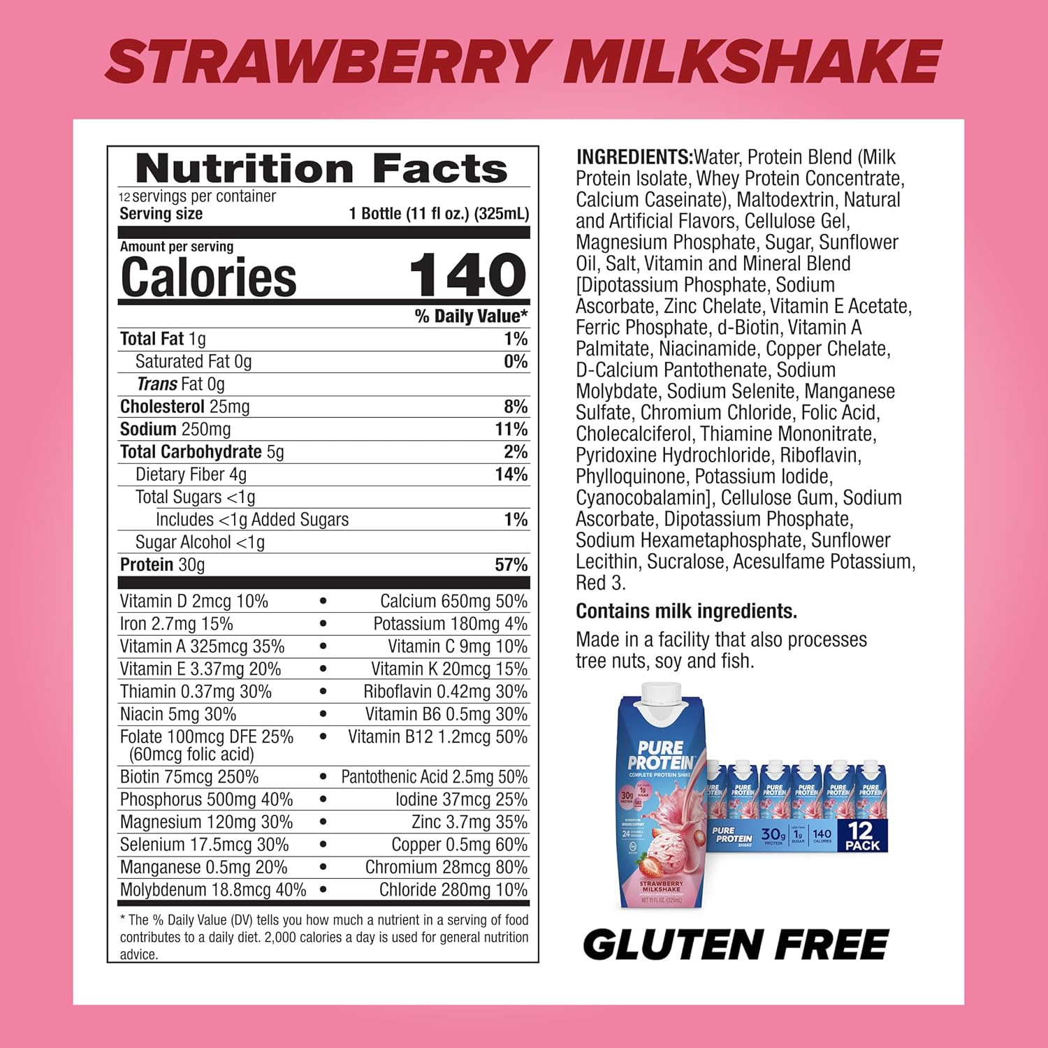 Pure Protein Strawberry Protein Shake, 30g Complete Protein, Ready to Drink and Keto-Friendly, Vitamins A, C, D, and E plus Zinc to Support Immune Health, 11oz Bottles, 12 Pack - Image 2