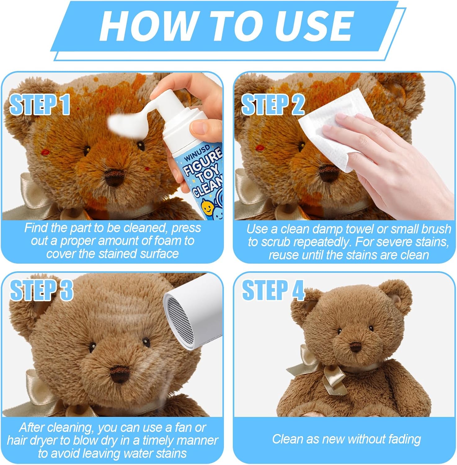 Figure & Plush Toy Cleaner - 5oz Foam Spray for Stuffed Animals & Soft Dolls with Brush & Cloth | No Rinse, Zero Residue, Color-Safe| Safe for Delicate Fabrics & Pets, Christmas Gifts for Plush Lovers - Image 6