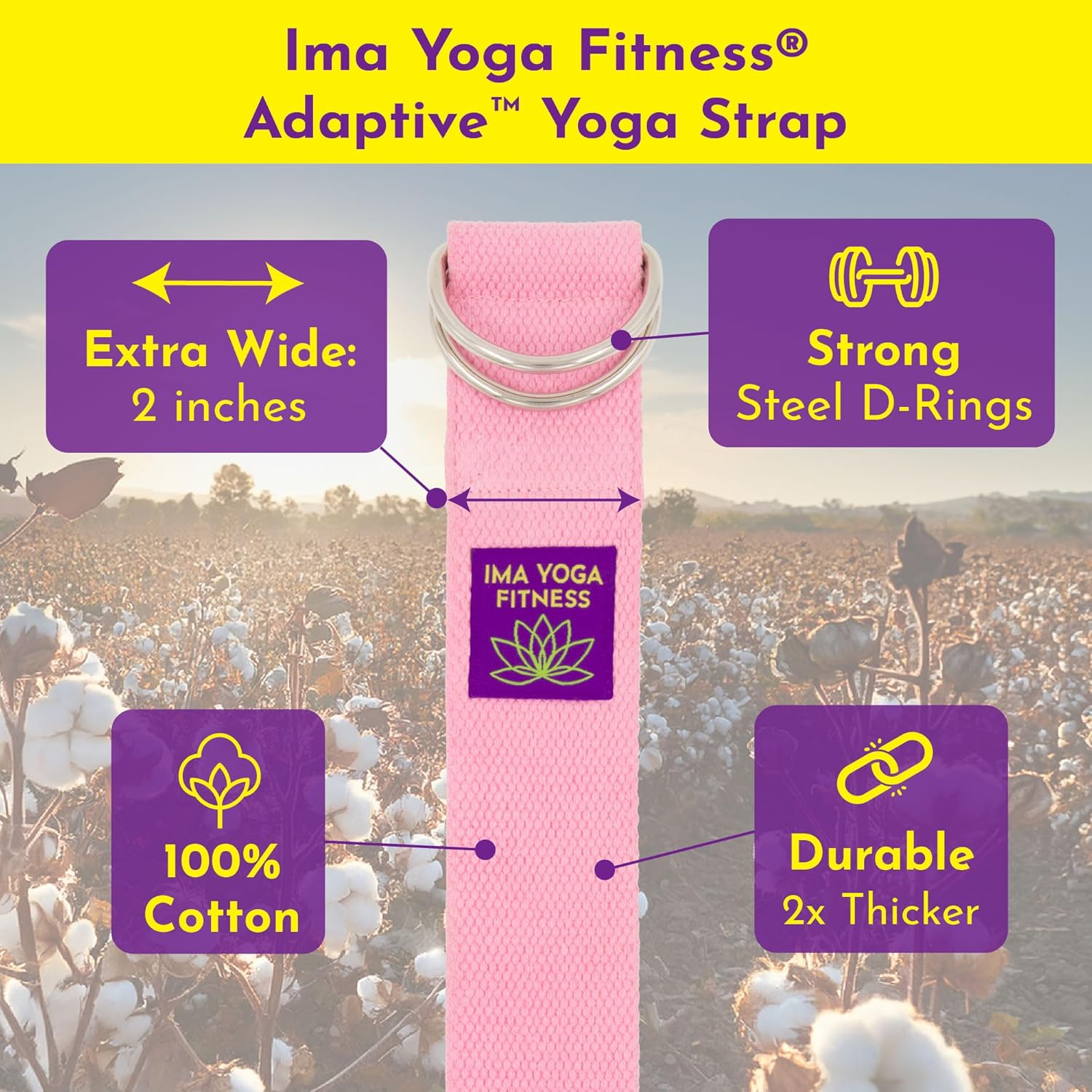 Adaptive Yoga Strap, Stretching Strap, 2 Inches Wide, 100% Naturally Soft Cotton, Steel D-Rings, Includes Natural Cotton Drawstring Storage Pouch and Instructional E-Book - Image 2
