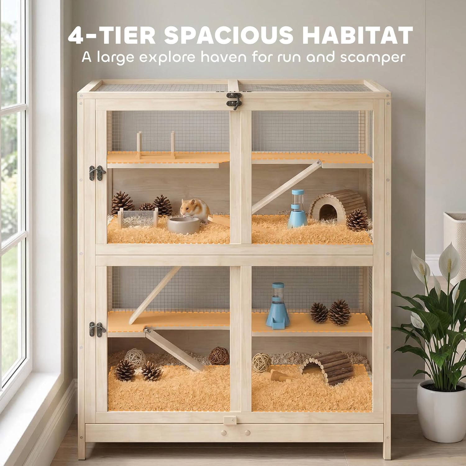 PawHut Wooden Hamster Cage, 4 Tier Small Animal Cage with Mesh Flip Roof, Pull-Out Tray, Huts, Seesaws, Ramps and Water Bottles, Hamster Habitat for Dwarf Syrian Mice Gerbil, 33" x 21" x 36" - Image 3