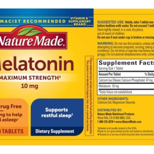 Nature Made Melatonin 10mg Maximum Strength Tablets, 100% Drug Free Sleep Aid for Adults, Melatonin for Adults, 70 Count, 70 Day Supply