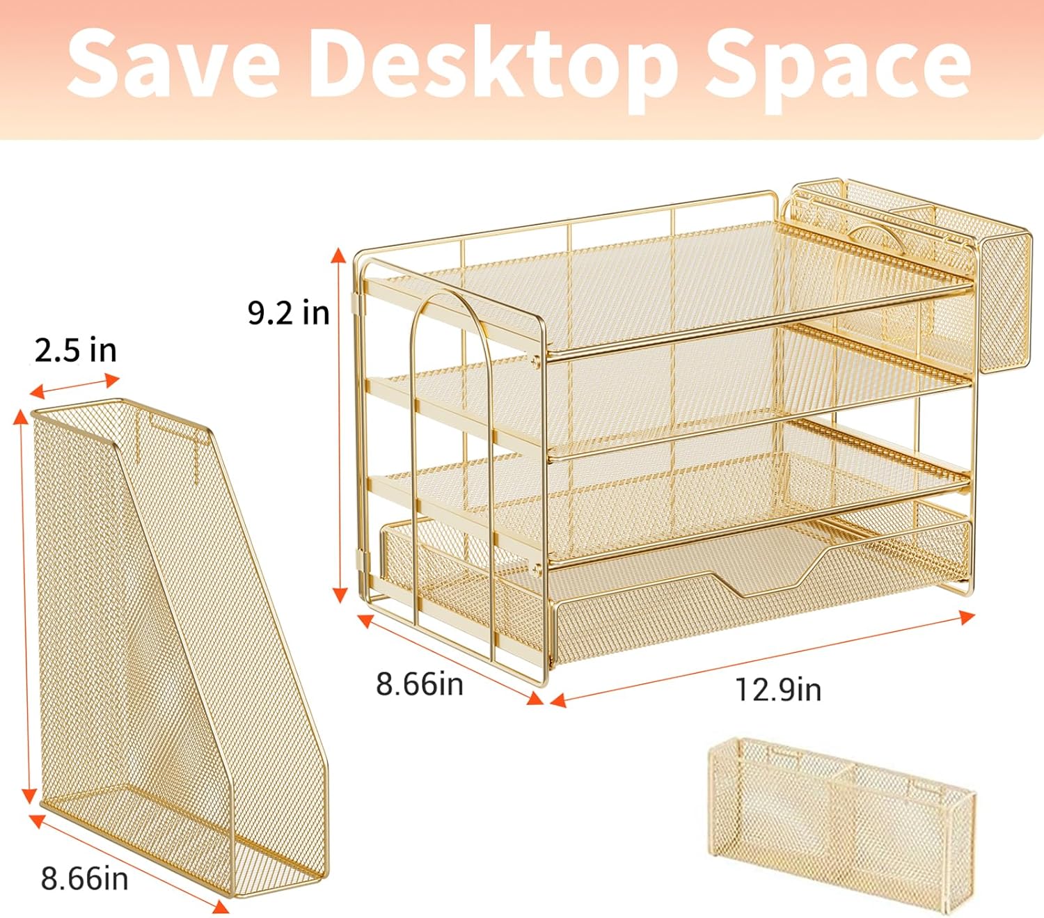 OPNICE Desk Organizers and Accessories, 4-Tier Office Desk Accessories & Workspace Organizers with Drawer and Pen Holder, Desktop Paper Tray File Organizer for Home Office Supplies, Gold - Image 4