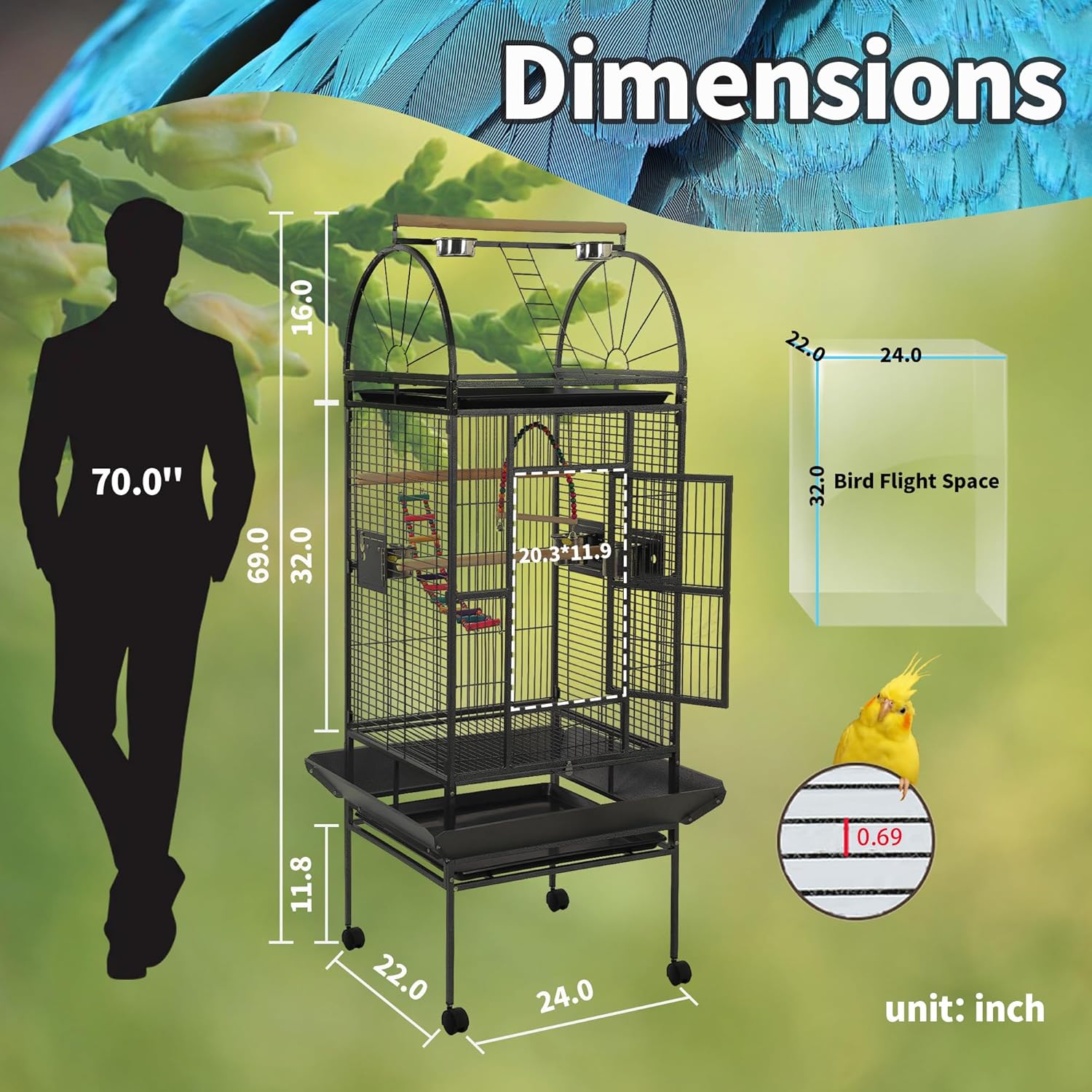 68'' Large Parrot Cage, Large Bird Cages for Parrots,Conure Cage for Birds, Cockatiel Cage with Play Top,Feeders,Slide-Out Tray,Seed Catcher,Birdcage Toys for Cockatoo,African Grey,Lovebird - Image 2
