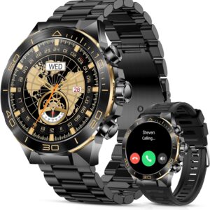 Smart Watch for Men Answer/Make Call for Android iPhone, 1.43″ AMOLED HD Screen Mens Luxury Watch, 400mAh Heavy Duty Smartwatch Heart Rate Blood Oxygen Blood Pressure Sleep Monitor Pedometer, 2 Straps
