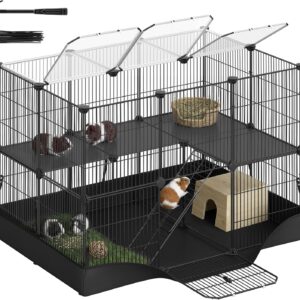 SONGMICS 2-Tier Guinea Pig Cage, Rabbit Cage, Small Animal Playpen with Waterproof Mat, Top and Side Door, 35 Panels, 36.6 x 24.8 x 24.2 Inches, Ink Black ULPI016BH01