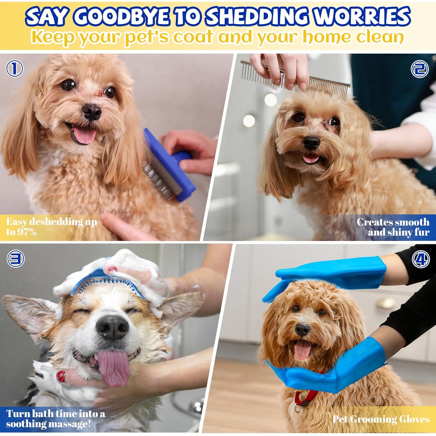 8PCS Dog Slicker Brush for Dogs Grooming Kit,Bath Grooming Kit for Pets,Hair Brush Set with Towel,Washing Gloves,Slicker Comb,and Shampoo Scrubber Brush for Small and Large Dogs and Cats(Blue) - Image 6