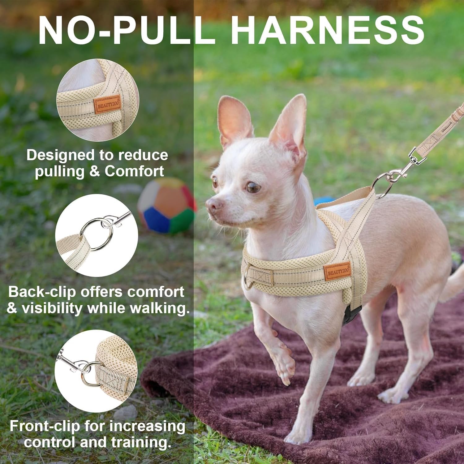 BEAUTYZOO Dog Harness for Small Dogs, No Pull Dog Harness and Leash Set, Soft Escape Proof Puppy Vest Harness with Handle, Reflective Lightweight Step in Harness for Girl Boy Dogs, Beige S - Image 3