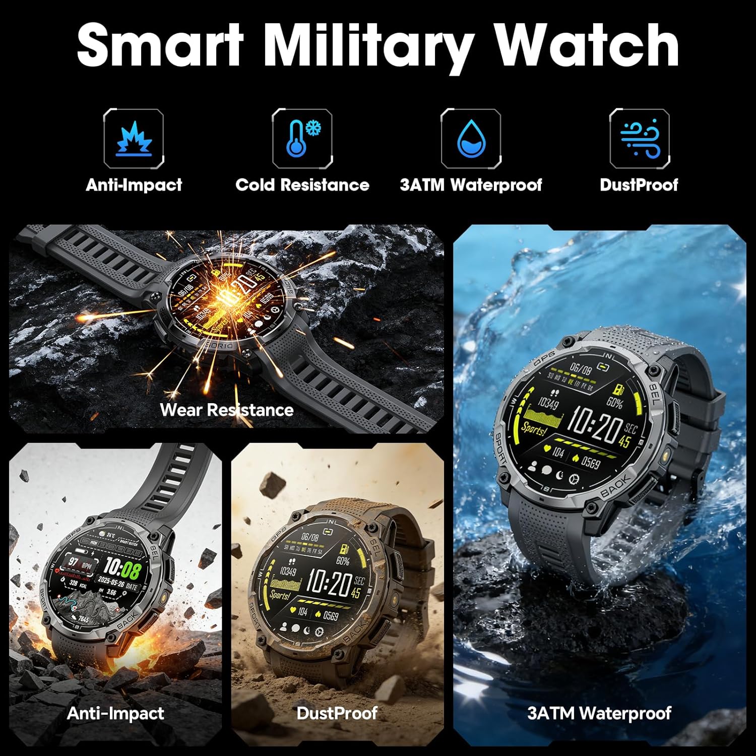 Military Smart Watch for Men with GPS, 1.43" AMOLED Bluetooth Call, LED Flashlight, Rugged Tactical Watch for Android iOS, 3ATM Waterproof Fitness Tracker with Heart Rate Pedometer (Black) - Image 3
