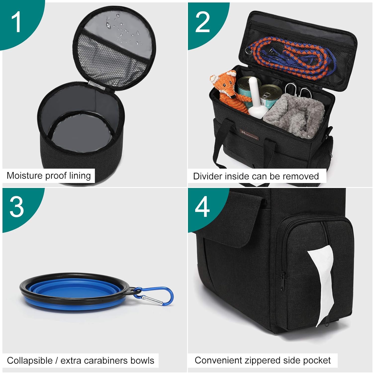 Dog Travel Bag by Modoker - Dog Travel Kit for a Weekend Away Set Includes Pet Travel Bag Organizer for Accessories, 2 Collapsible Bowls, 2 Travel Food Container (Black) - Image 3