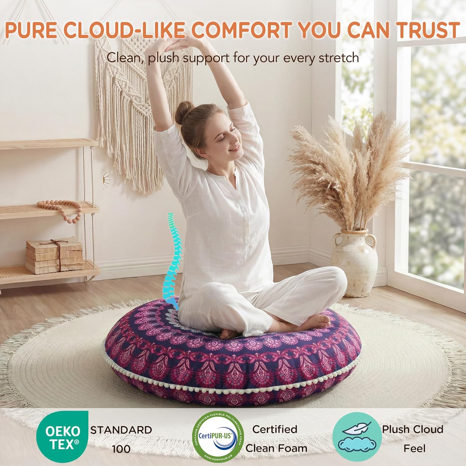 Codi Meditation Floor Pillow Set of 2, Round Large Pillows Seating for Adults, Bohemian Mandala Circle Cushion for Outdoor Fireplace Yoga Living Room, 32 Inch, Memory Foam Added, Purple Orchid NEW - Image 4