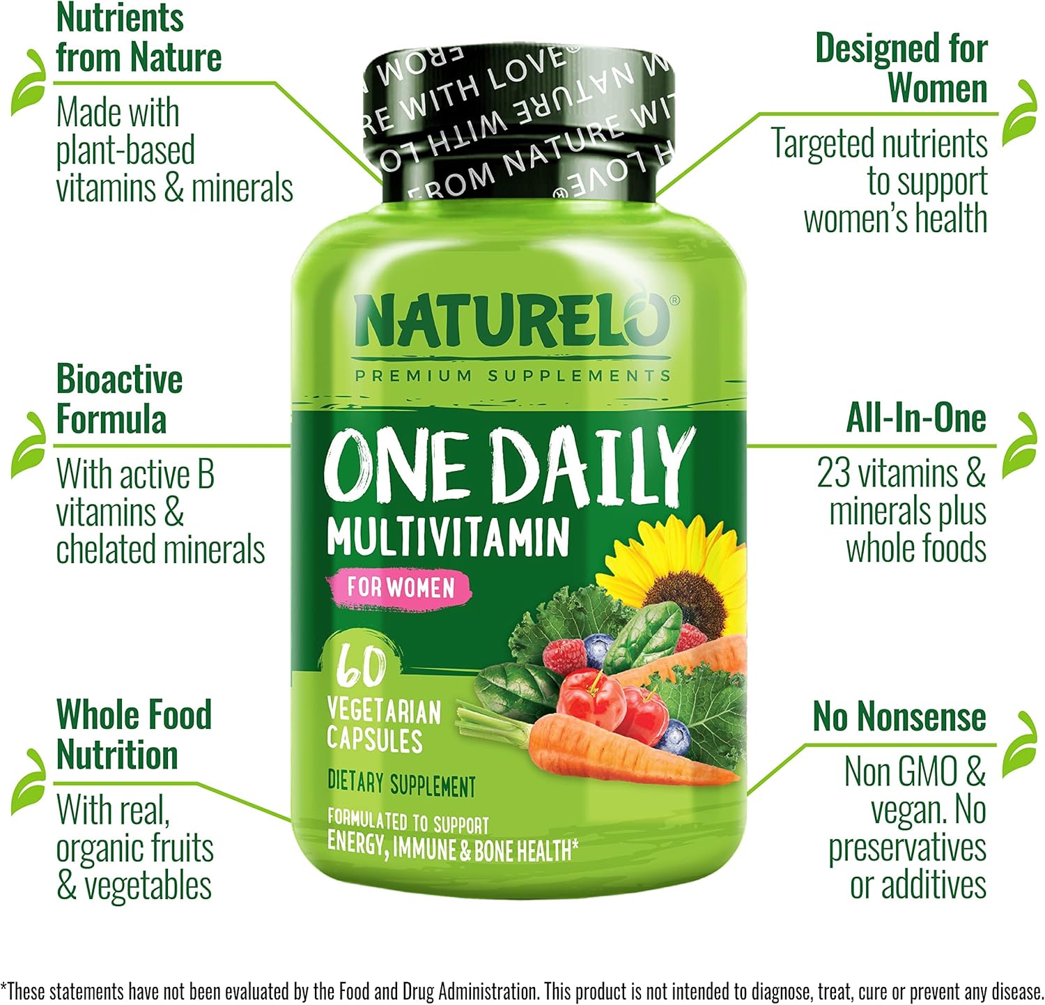 NATURELO One Daily Multivitamin for Women w/Vitamin B12, 60 Ct, Energy Support, Whole Food Daily Women Multivitamin Supplement, Nourish Hair/Skin/Nail, Non-GMO, No Soy, Gluten Free, 2 Month Supply - Image 2