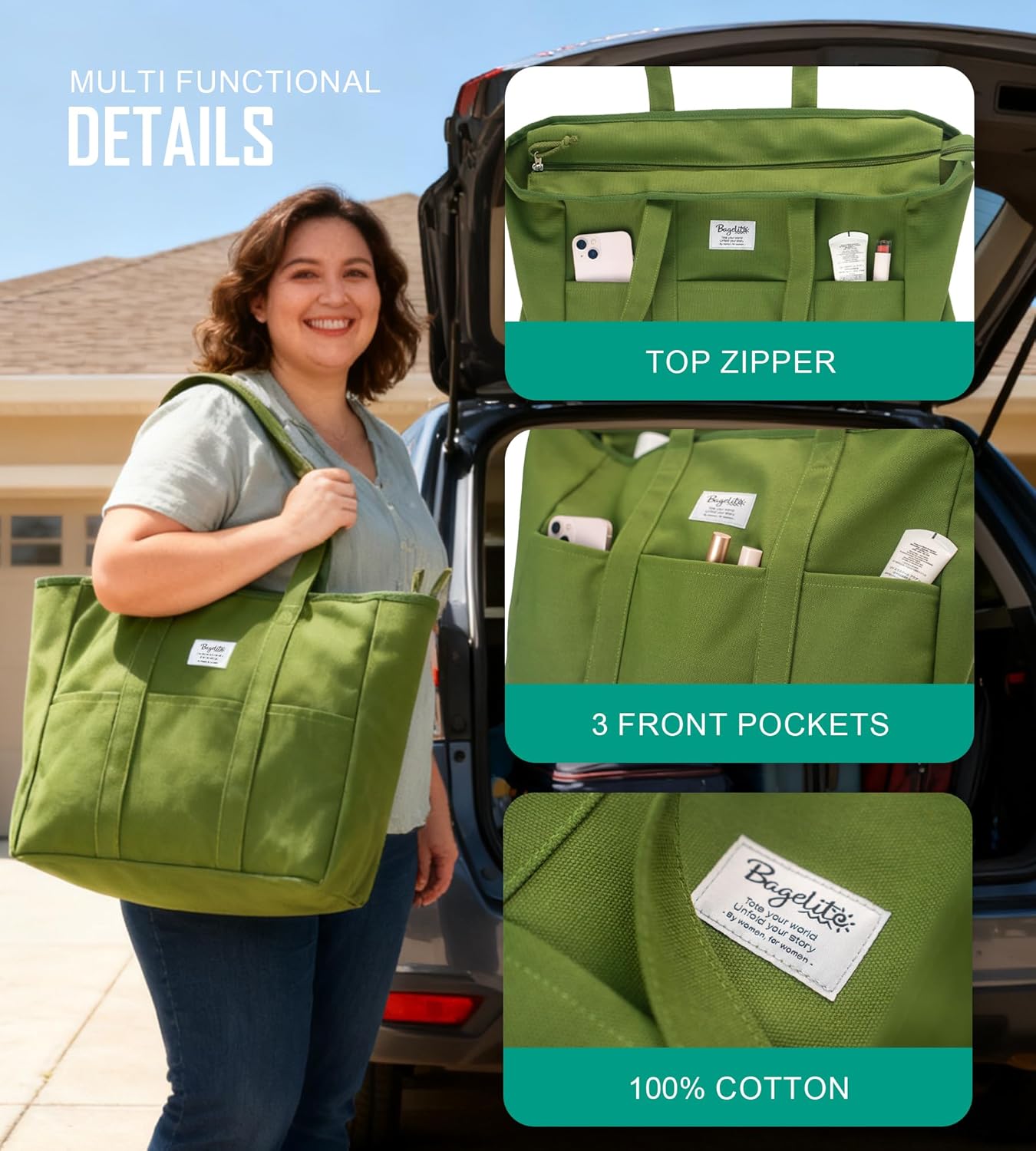 Bagelite Extra Large Canvas Tote for Women Men, Utility Work Bag with Zipper - Image 3