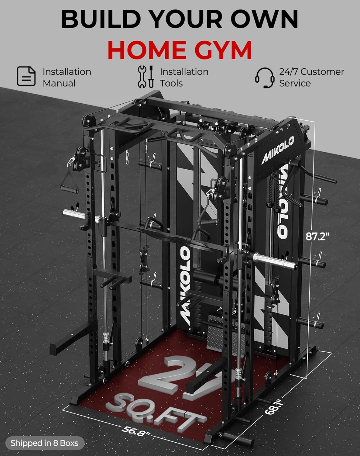 Mikolo Smith Machine with Weight Stack, Power Cage Home Gym System with LAT Pulldown & Cable Crossover, Multi-Functional Trainer with Dual Pulley System, Includes 10+ Free Attachments - Image 6