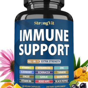 StrongVit Immune Support Supplement 12 in 1 Complex with Vitamin C, D3, Zinc, Echinacea, Elderberry, Ginger, Turmeric. Immune Defend for Men & Women, Non-GMO, Gluten-Free, Vegan, USA