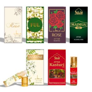 Dukhni Floral Attar Oil Set | 6 x 6ml Authentic Arabic Perfume Oils | Jasmine, Rose, White Rose & Vetiver Fragrances | Pure, Alcohol-Free Rollerball Sampler Collection | Hajj & Umrah Gifting