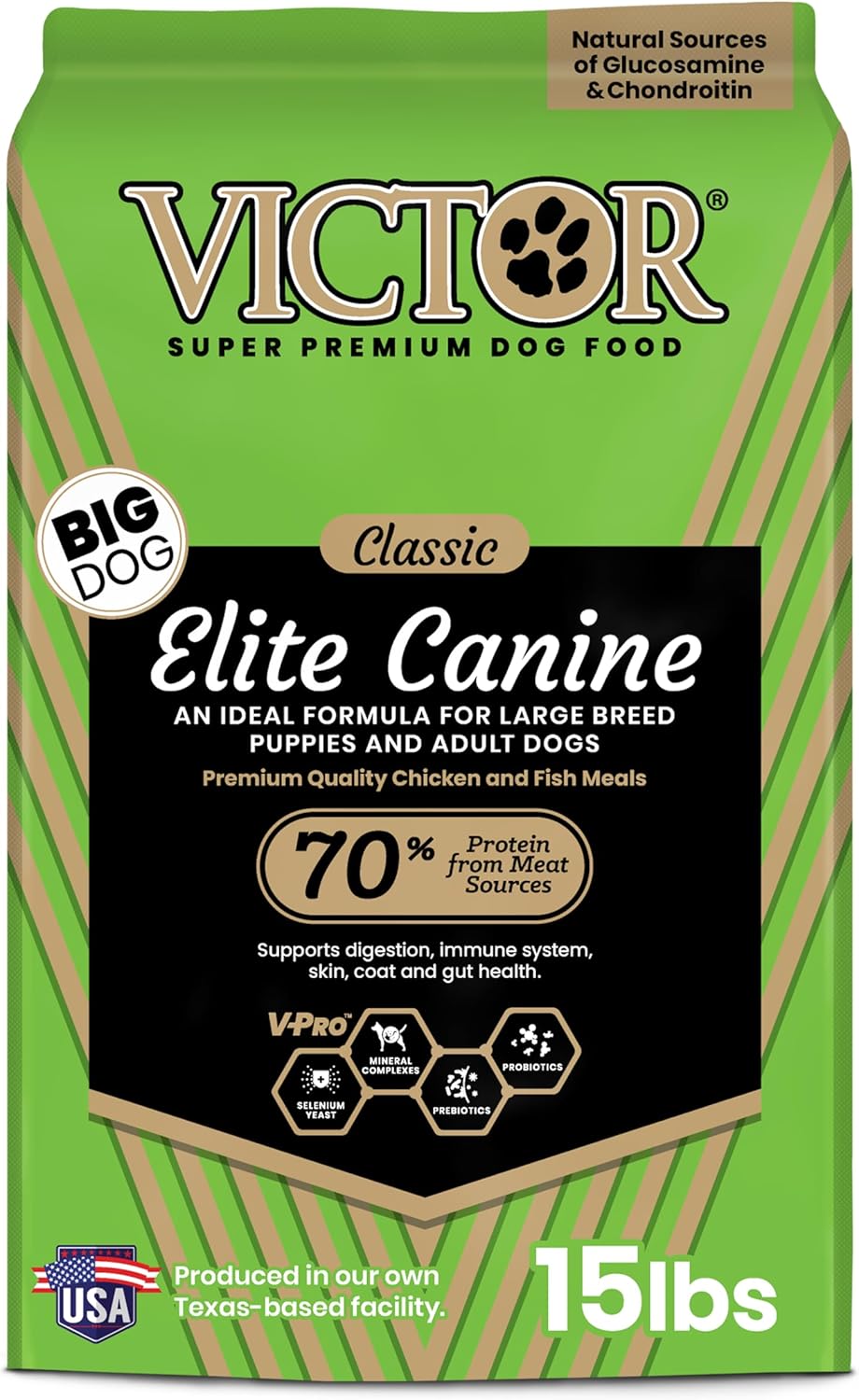 VICTOR Super Premium Dog Food – Elite Canine Dry Dog Food with Chicken & Fish Meal – 25% Protein, 14% Fat, Gluten Free – for Large Breed Dogs & Puppies, 15lbs
