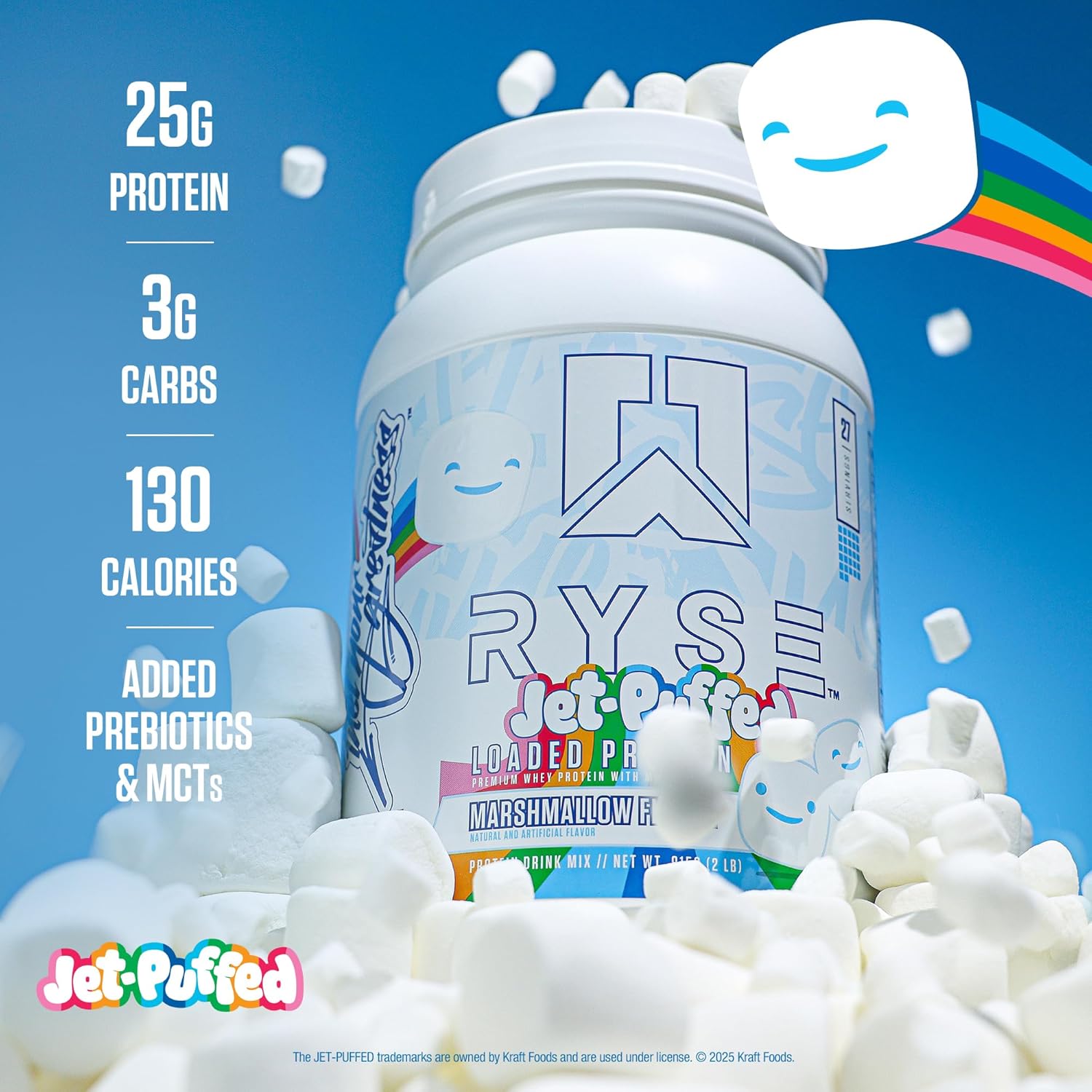 RYSE Loaded Protein Powder - Jet-Puffed Marshmallow - 25g Whey Protein Isolate & Concentrate with Prebiotic Fiber & MCTs - Low Carb, Low Sugar, Digestive-Friendly - 27 Servings / 2 lb Tub - Image 4